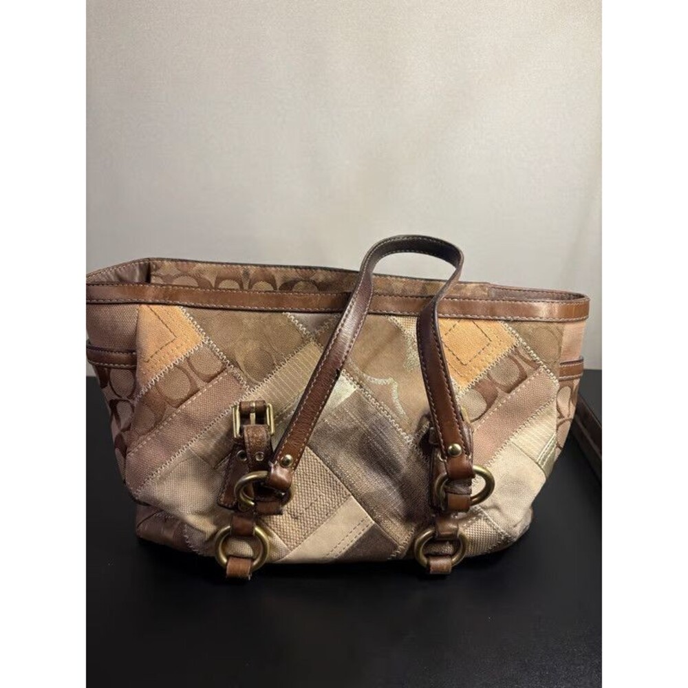 Coach Patchwork Tote Signature Suede Leather Shoulder Bag Brass Hardware - Picture 4 of 5